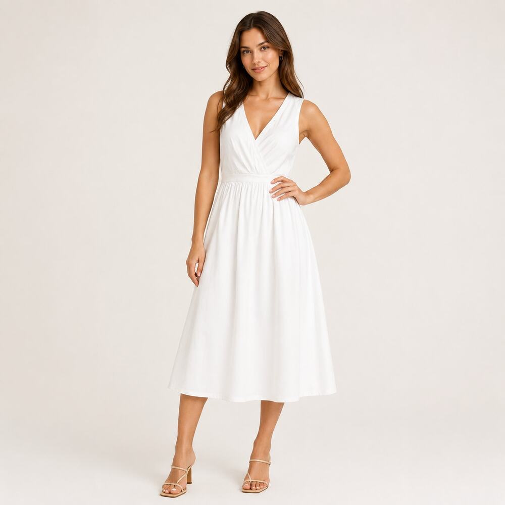ATM Anthony Thomas Melillo White Silk Midi Dress Faux Wrap‎ V Neck Small Lined